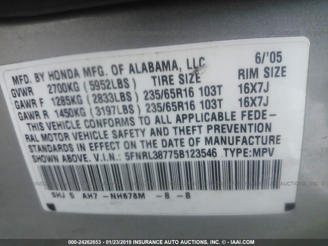 5FNRL38775B123546 - 2005 HONDA ODYSSEY EXL SILVER photo 9