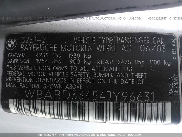 WBABD33454JY96631 - 2004 BMW 325 CI SILVER photo 9