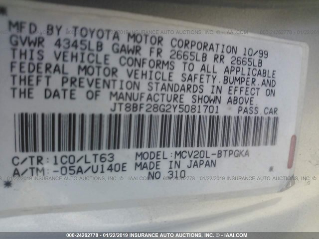 JT8BF28G2Y5081701 - 2000 LEXUS ES 300 银色 照片 9