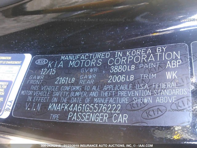 KNAFK4A61G5576222 - 2016 KIA FORTE LX BLACK photo 9