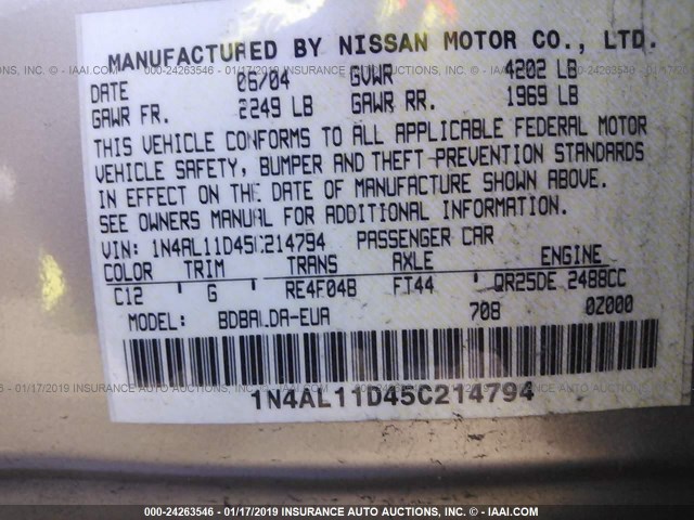 1N4AL11D45C214794 - 2005 NISSAN ALTIMA S/SL TAN photo 9