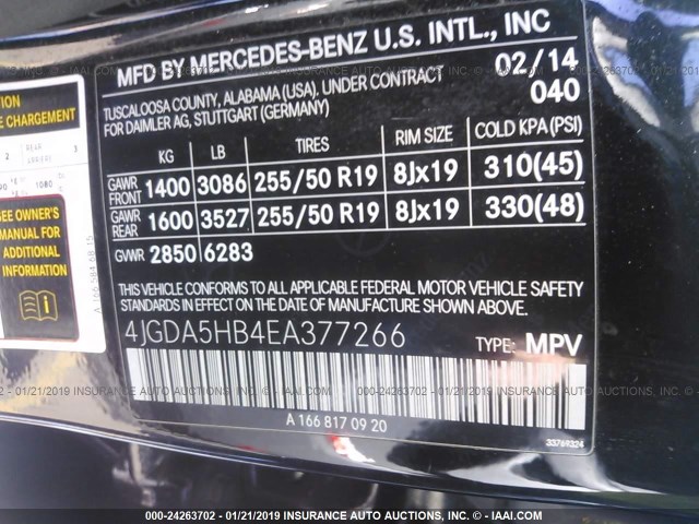 4JGDA5HB4EA377266 - 2014 MERCEDES-BENZ ML 350 4MATIC BLACK photo 9