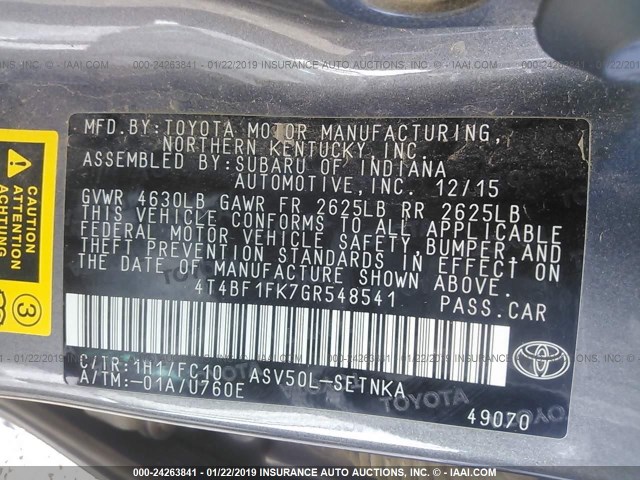 4T4BF1FK7GR548541 - 2016 TOYOTA CAMRY LE/XLE/SE/XSE ნაცრისფერი ფოტო 9