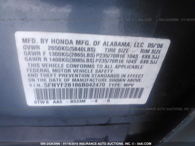 5FNYF28186B042470 - 2006 HONDA PILOT LX Light Blue photo 9