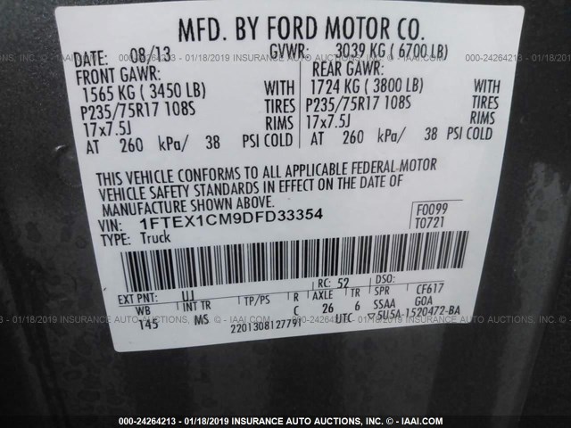 1FTEX1CM9DFD33354 - 2013 FORD F150 SUPER CAB GRAY photo 9