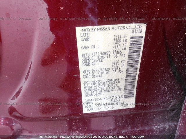 1N6AA1E56JN527585 - 2018 NISSAN TITAN SV/SL/PRO-4X/PLAT RES RED photo 9