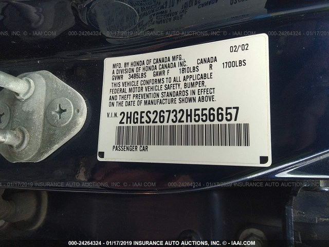 2HGES26732H556657 - 2002 HONDA CIVIC EX ლურჯი ფოტო 9