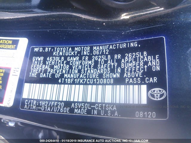 4T1BF1FK7CU130808 - 2012 TOYOTA CAMRY SE/LE/XLE 黑色 照片 9