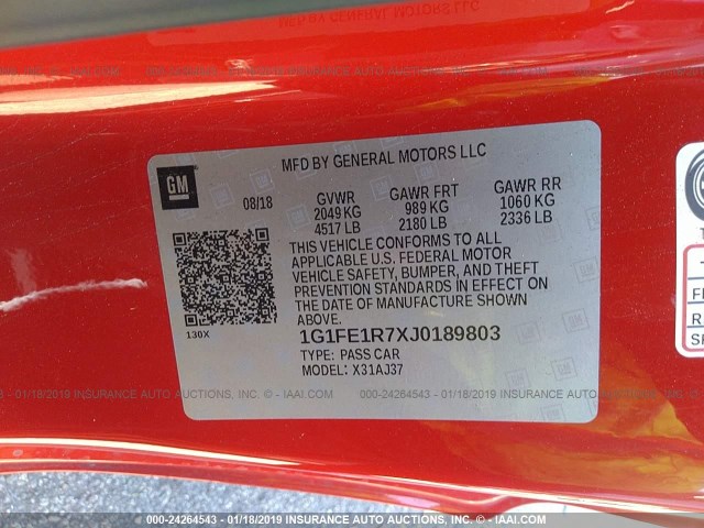 1G1FE1R7XJ0189803 - 2018 CHEVROLET CAMARO SS RED photo 9