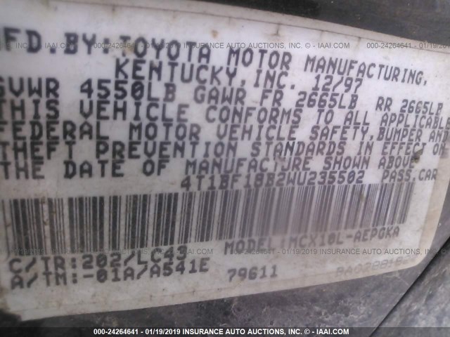 4T1BF18B2WU235502 - 1998 TOYOTA AVALON XL/XLS BLACK photo 9