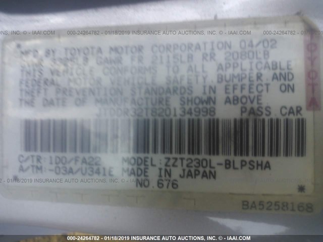 JTDDR32T820134998 - 2002 TOYOTA CELICA GT SILVER photo 9