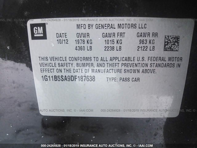1G11B5SA9DF187638 - 2013 CHEVROLET MALIBU LS BLACK photo 9