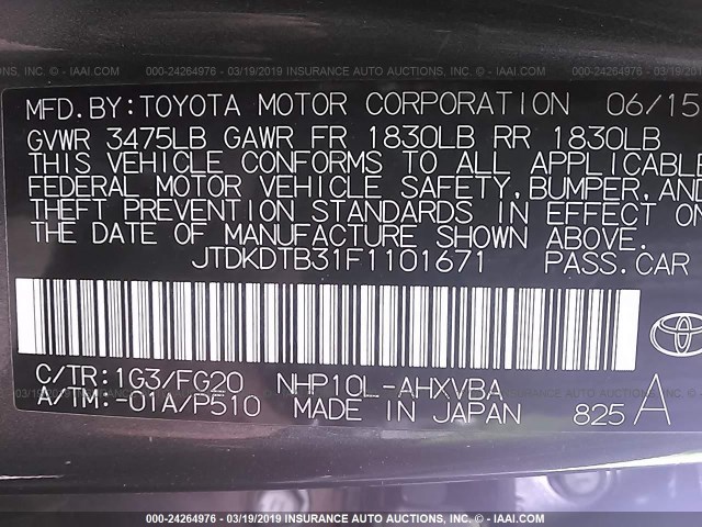 JTDKDTB31F1101671 - 2015 TOYOTA PRIUS C GRAY photo 9