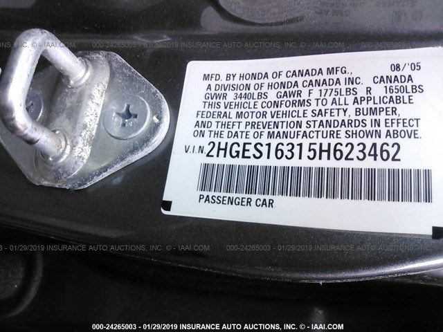 2HGES16315H623462 - 2005 HONDA CIVIC DX VP SILVER photo 9
