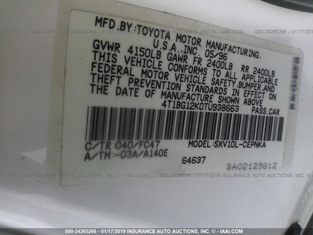 4T1BG12K0TU938663 - 1996 TOYOTA CAMRY DX/LE/XLE WHITE photo 9