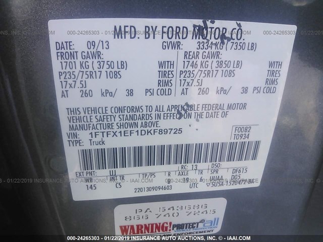 1FTFX1EF1DKF89725 - 2013 FORD F150 SUPER CAB GRAY photo 9