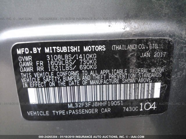 ML32F3FJ8HHF19051 - 2017 MITSUBISHI MIRAGE G4 ES ნაცრისფერი ფოტო 9