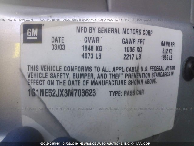 1G1NE52JX3M703623 - 2003 CHEVROLET MALIBU LS SILVER photo 9
