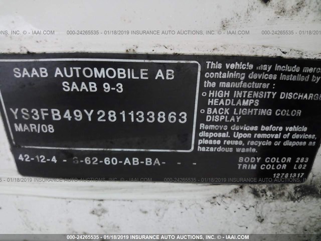 YS3FB49Y281133863 - 2008 SAAB 9-3 2.0T WHITE photo 9