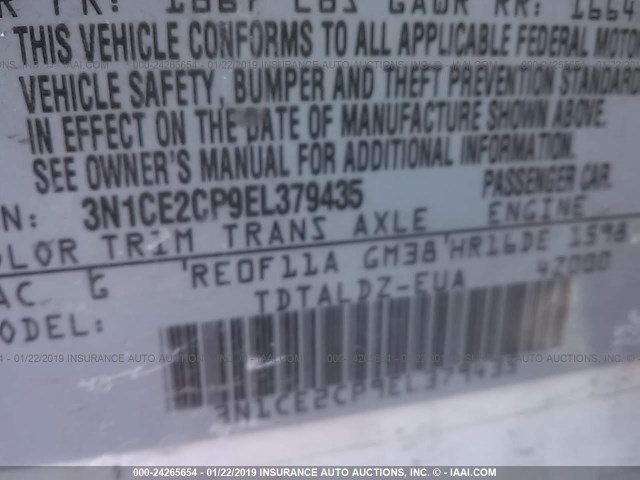 3N1CE2CP9EL379435 - 2014 NISSAN VERSA NOTE S/S PLUS/SV/SL WHITE photo 9