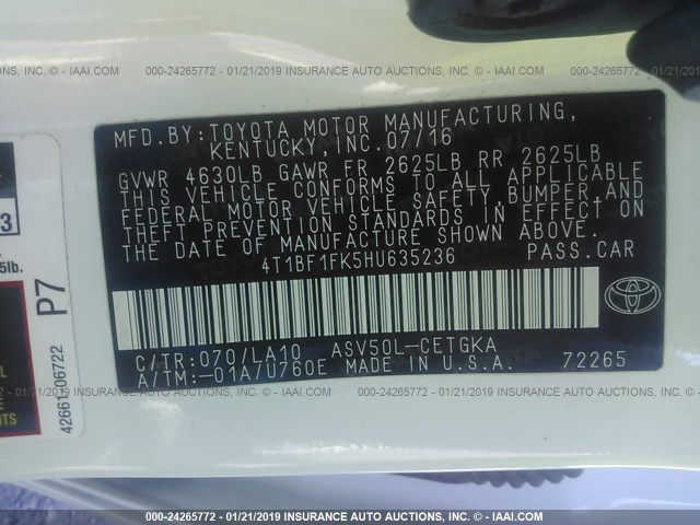 4T1BF1FK5HU635236 - 2017 TOYOTA CAMRY LE/XLE/SE/XSE WHITE photo 9