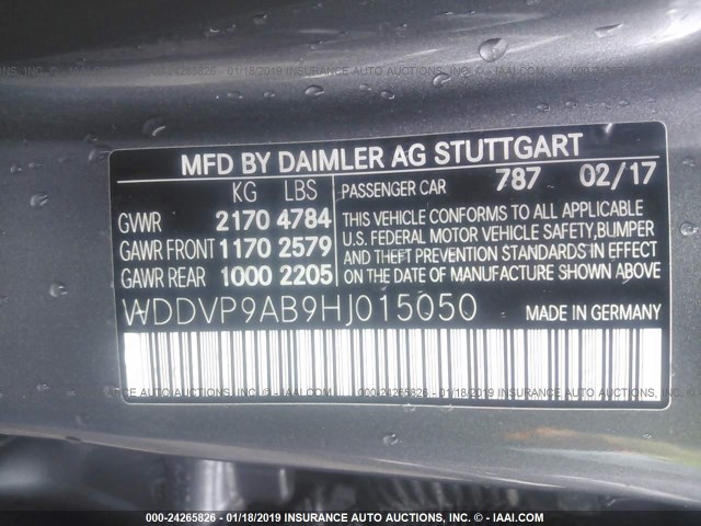 WDDVP9AB9HJ015050 - 2017 MERCEDES-BENZ B 250E GRAY photo 9