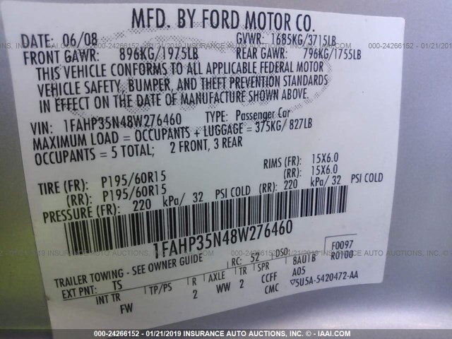 1FAHP35N48W276460 - 2008 FORD FOCUS SE/SEL/SES SILVER photo 9