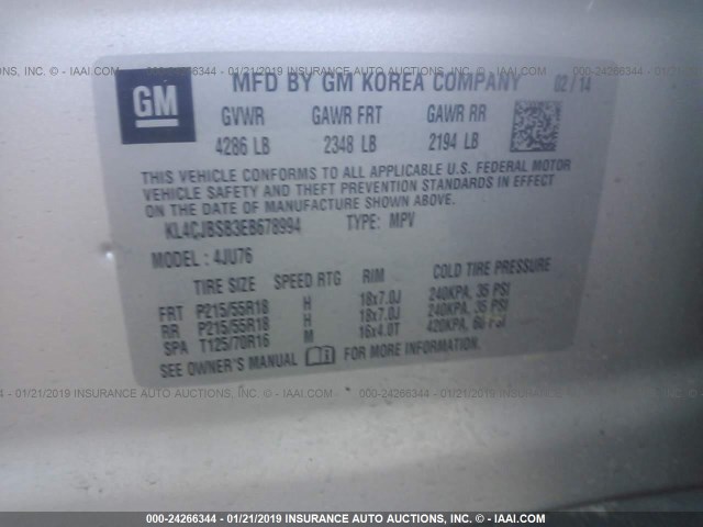 KL4CJBSB3EB678994 - 2014 BUICK ENCORE CONVENIENCE SILVER photo 9