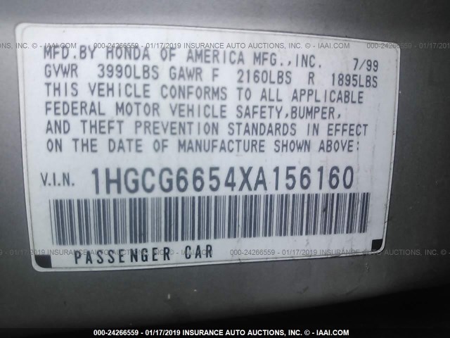 1HGCG6654XA156160 - 1999 HONDA ACCORD LX SILVER photo 9