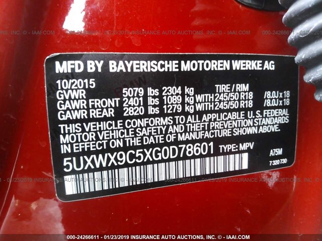 5UXWX9C5XG0D78601 - 2016 BMW X3 XDRIVE28I RED photo 9