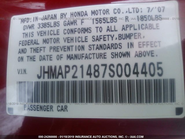 JHMAP21487S004405 - 2007 HONDA S2000 RED photo 9