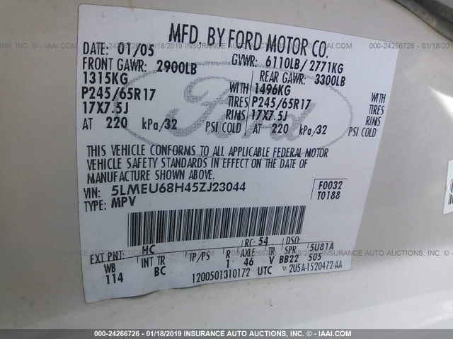 5LMEU68H45ZJ23044 - 2005 LINCOLN AVIATOR BEIGE photo 9