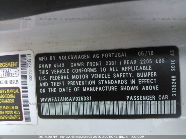 WVWFA7AH6AV025381 - 2010 VOLKSWAGEN EOS LUX 白色 照片 9