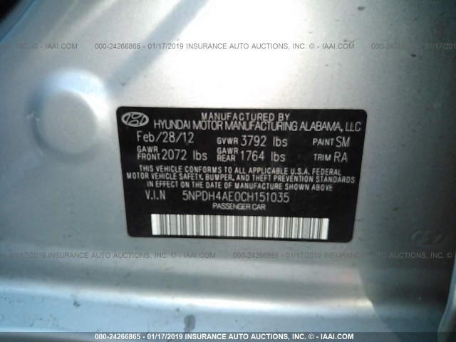 5NPDH4AE0CH151035 - 2012 HYUNDAI ELANTRA GLS/LIMITED SILVER photo 9