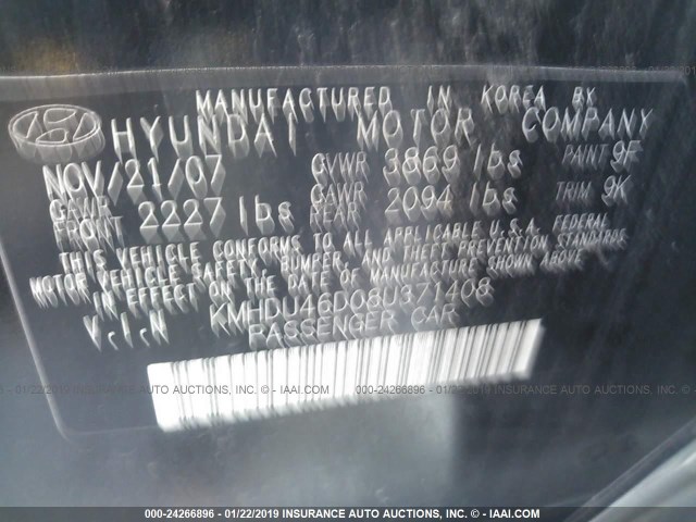 KMHDU46D08U371408 - 2008 HYUNDAI ELANTRA GLS/SE/LIMITED BLACK photo 9