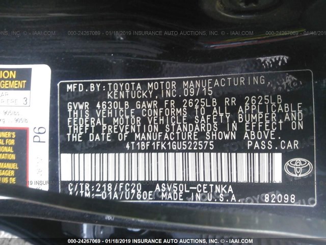 4T1BF1FK1GU522575 - 2016 TOYOTA CAMRY LE/XLE/SE/XSE BLACK photo 9