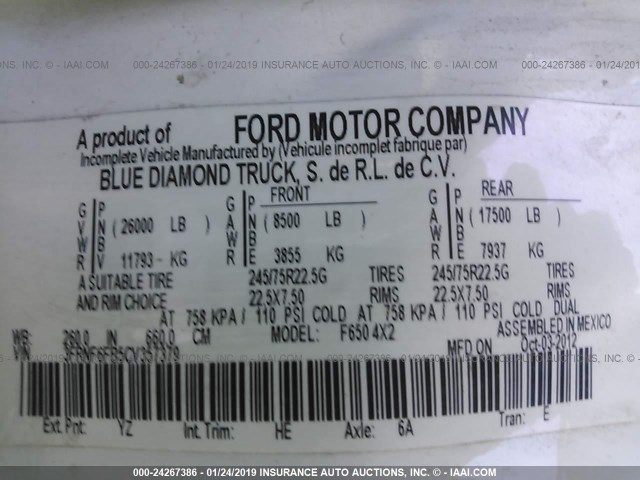 3FRNF6FB5CV357379 - 2012 FORD F650 SUPER DUTY WHITE photo 9