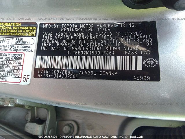 4T1BE32K15U017864 - 2005 TOYOTA CAMRY LE/XLE/SE SILVER photo 9