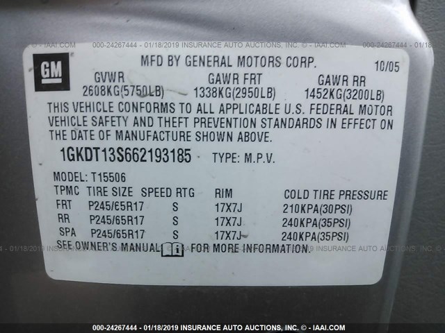 1GKDT13S662193185 - 2006 GMC ENVOY SILVER photo 9