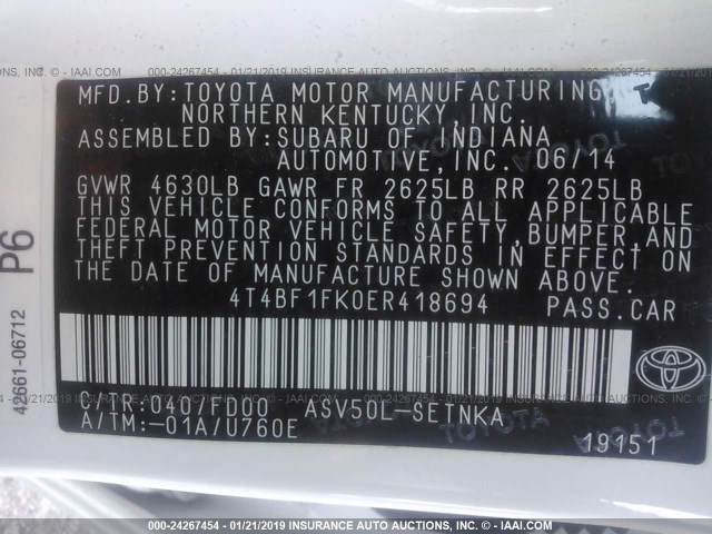 4T4BF1FK0ER418694 - 2014 TOYOTA CAMRY L/SE/LE/XLE 白色 照片 9