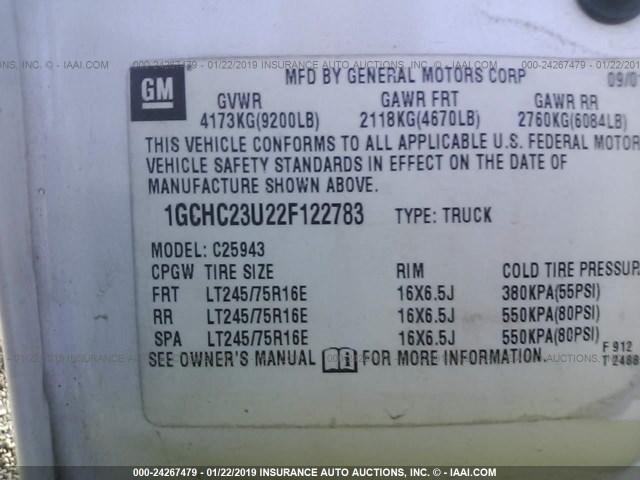 1GCHC23U22F122783 - 2002 CHEVROLET SILVERADO C2500 HEAVY DUTY WHITE photo 9