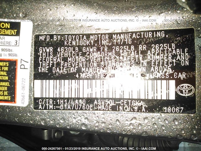 4T1BF1FK2HU360408 - 2017 TOYOTA CAMRY LE/XLE/SE/XSE 灰色 照片 9