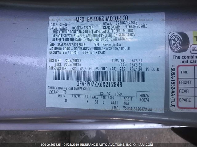 3FAFP07ZX6R212848 - 2006 FORD FUSION SE GRAY photo 9