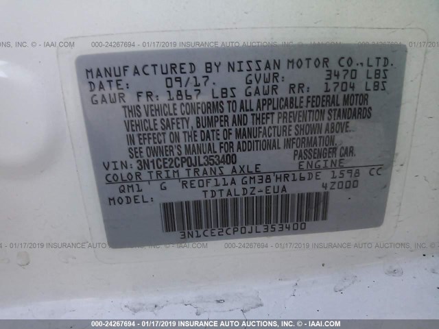 3N1CE2CP0JL353400 - 2018 NISSAN VERSA NOTE S/S PLUS/SV/SL/SR WHITE photo 9