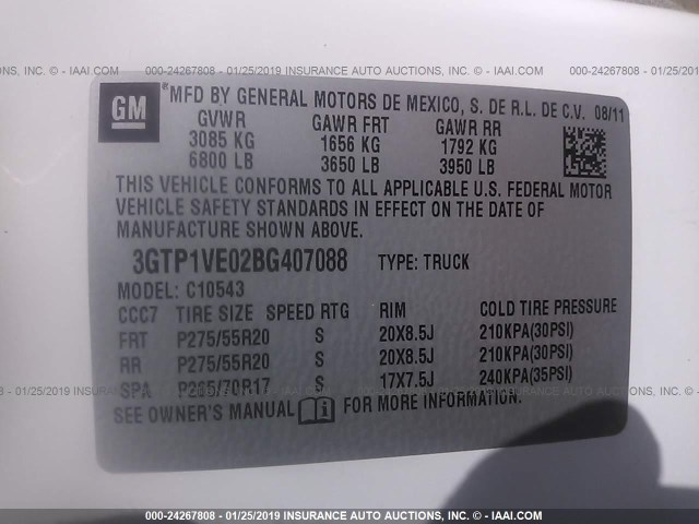 3GTP1VE02BG407088 - 2011 GMC SIERRA C1500 SLE WHITE photo 9