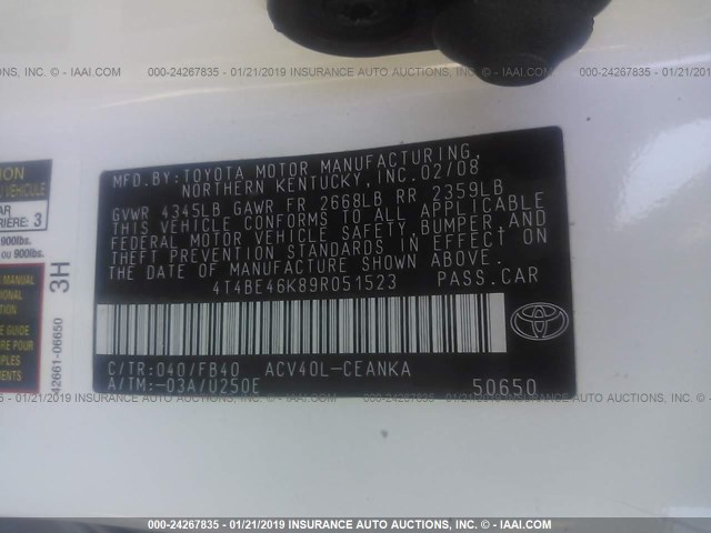4T4BE46K89R051523 - 2009 TOYOTA CAMRY SE/LE/XLE 白色 照片 9