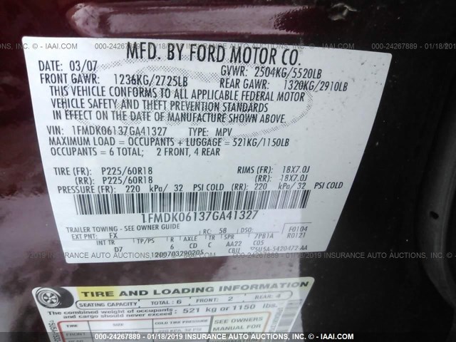 1FMDK06137GA41327 - 2007 FORD FREESTYLE LIMITED RED photo 9