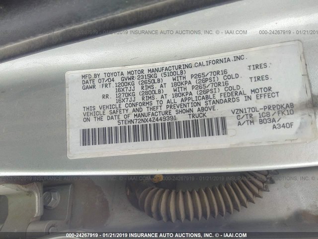 5TEHN72NX4Z449391 - 2004 TOYOTA TACOMA DOUBLE CAB SILVER photo 9