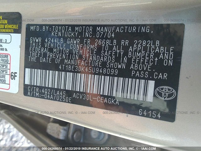 4T1BE30K45U948099 - 2005 TOYOTA CAMRY LE/XLE/SE BEIGE photo 9