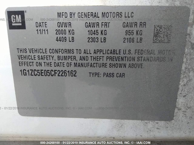 1G1ZC5E05CF226162 - 2012 CHEVROLET MALIBU 1LT თეთრი ფოტო 9